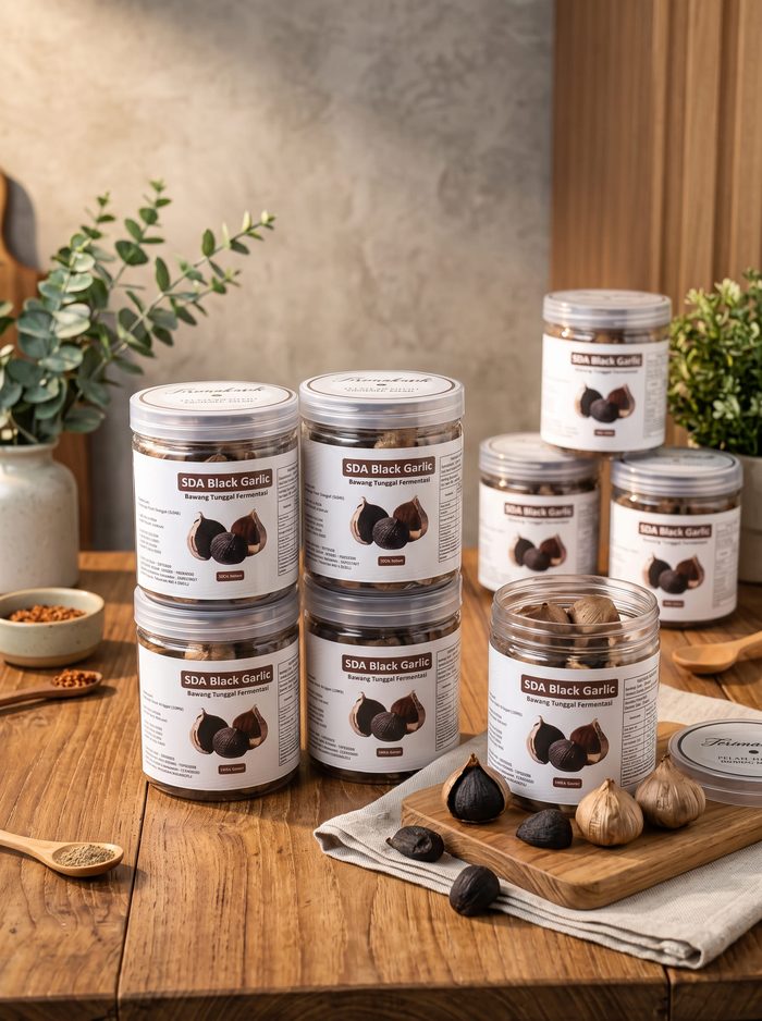 Beberapa toples SDA Black Garlic dan siung bawang hitam tunggal di atas talenan kayu