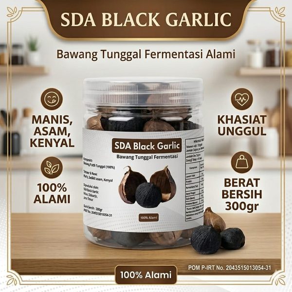 SDA Black Garlic bawang tunggal fermentasi alami dalam toples 300 gram: manis, asam, kenyal, 100% alami