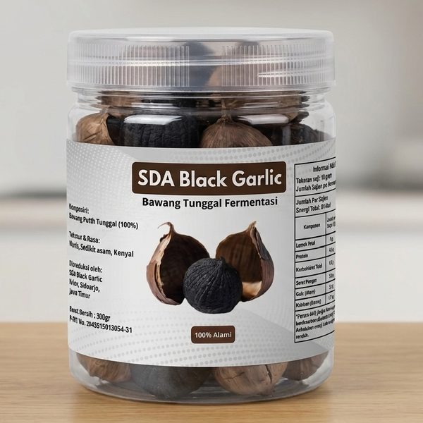 Kemasan toples SDA Black Garlic bawang tunggal fermentasi berisi bawang hitam utuh
