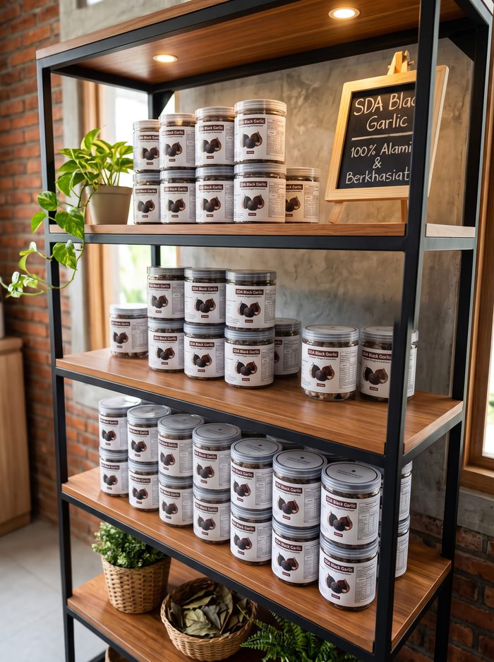Rak display berisi banyak toples SDA Black Garlic 100% alami dan berkhasiat